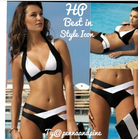 Black  White Halter adjustable top strap bikini XL - Picture 2 of 7